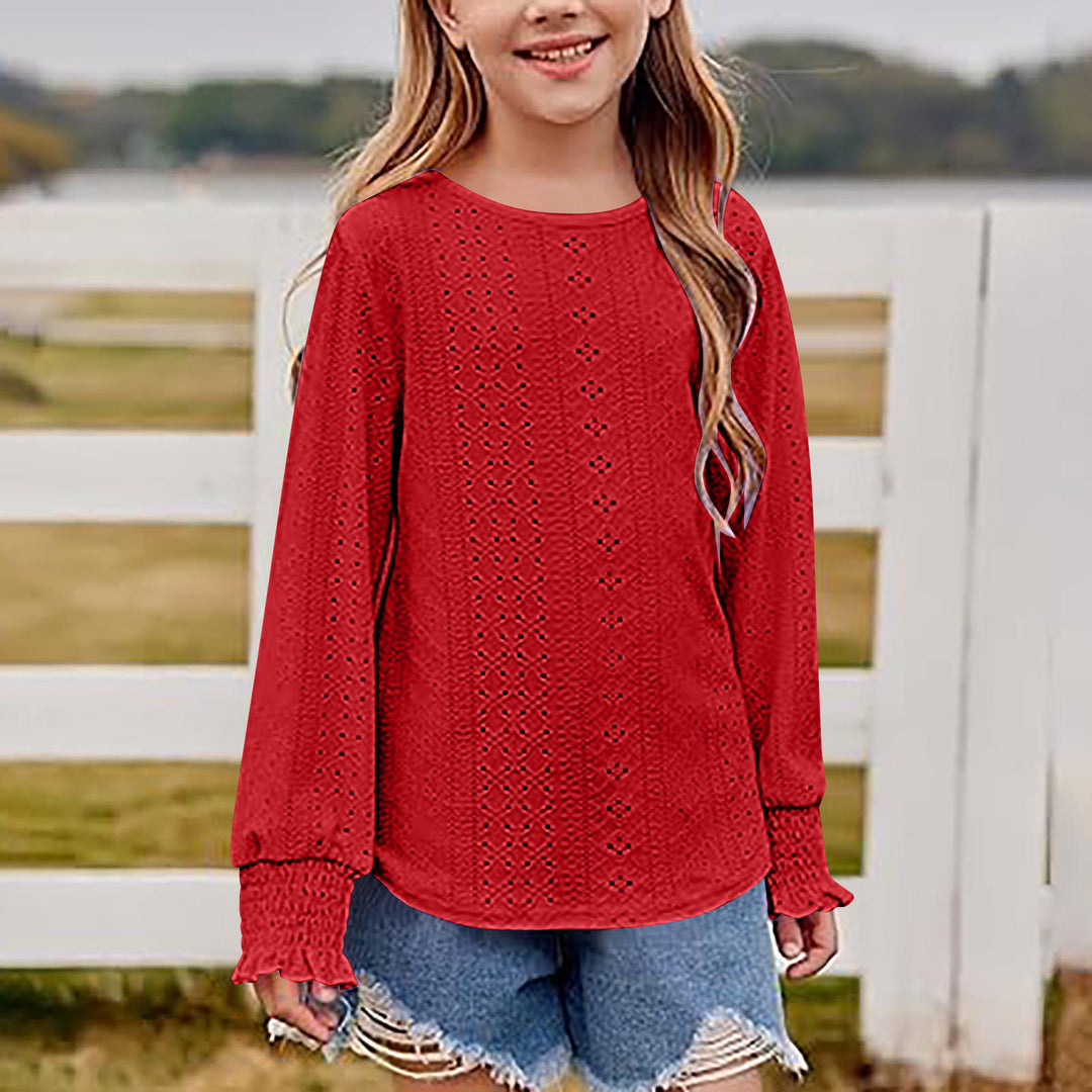 Damen Ajourgestricktes Oversize-Pullover-Shirt mit Ballonärmeln und Rüschenbündchen EB