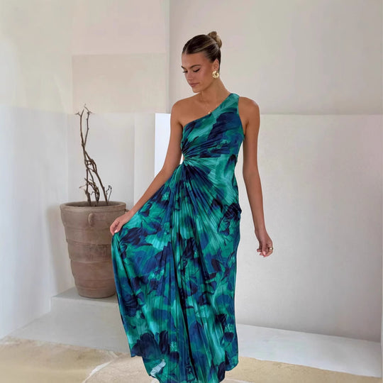 Damen Maxikleid mit asymmetrischem Schnitt und fließendem Faltenrock EB