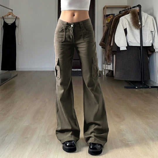 Damen nan Cargo-Flared-Hose mit hochgeschnittener Taille, aufgesetzten Beintaschen und ausgestelltem Bein EB