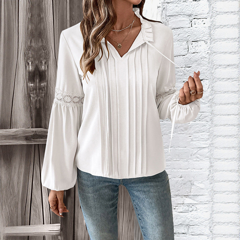 Damen Bluse mit feinen Falten und eleganten Spitzendetails EB