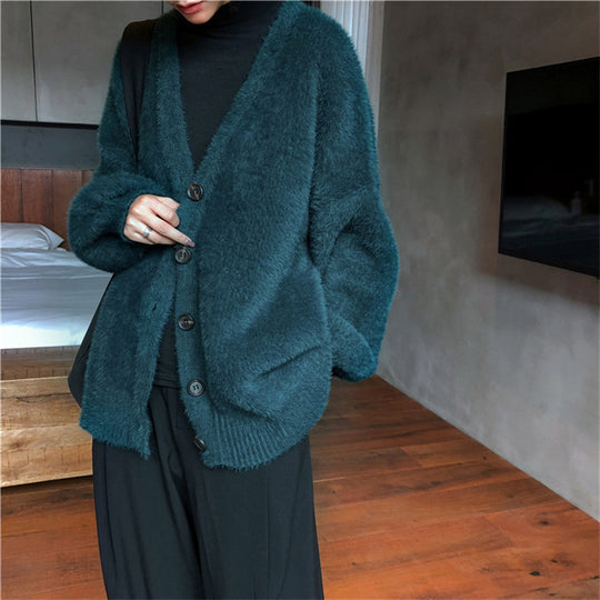 Damen Flauschiger Strickcardigan mit V-Ausschnitt und praktischen Knöpfen EB