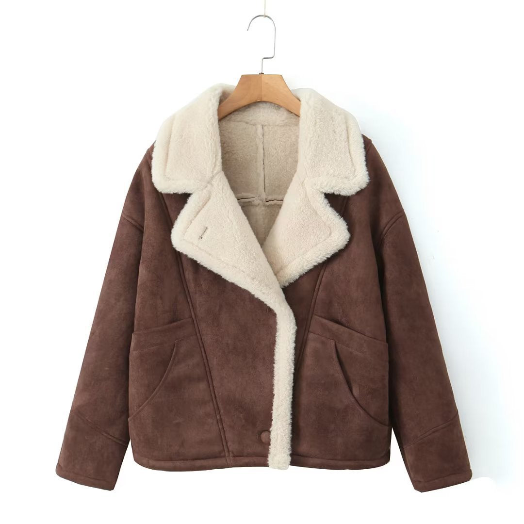 Damen kuschelige Wildlederjacke mit weichem Futter und breitem Kragen EB