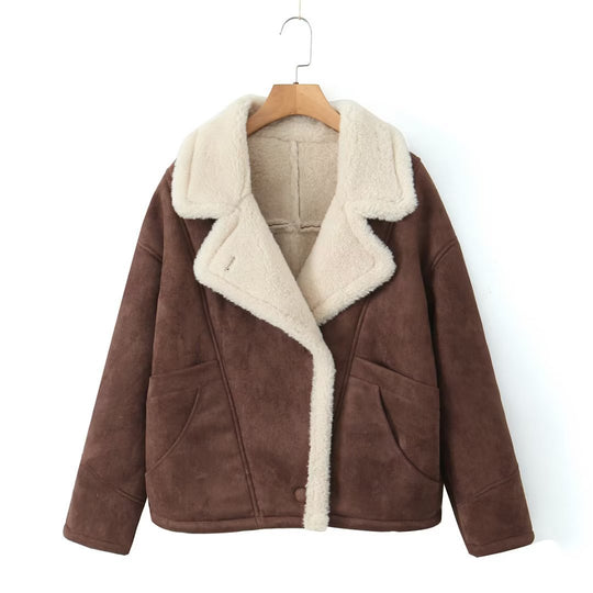 Damen kuschelige Wildlederjacke mit weichem Futter und breitem Kragen EB