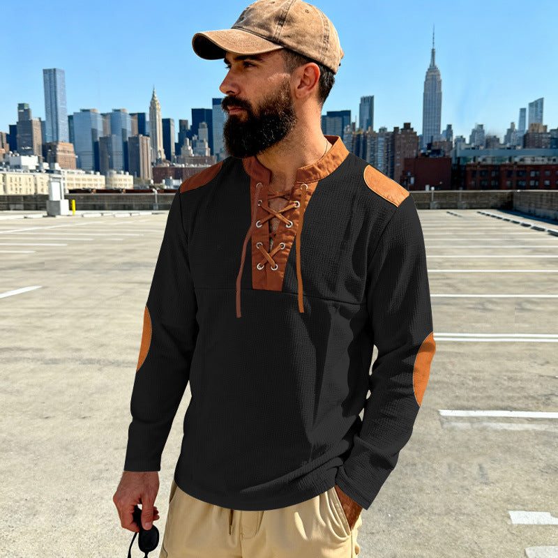 Herren Waffelstrick-Langarmshirt mit Schnürung und Kunstvelours-Ellbogenpatches EB