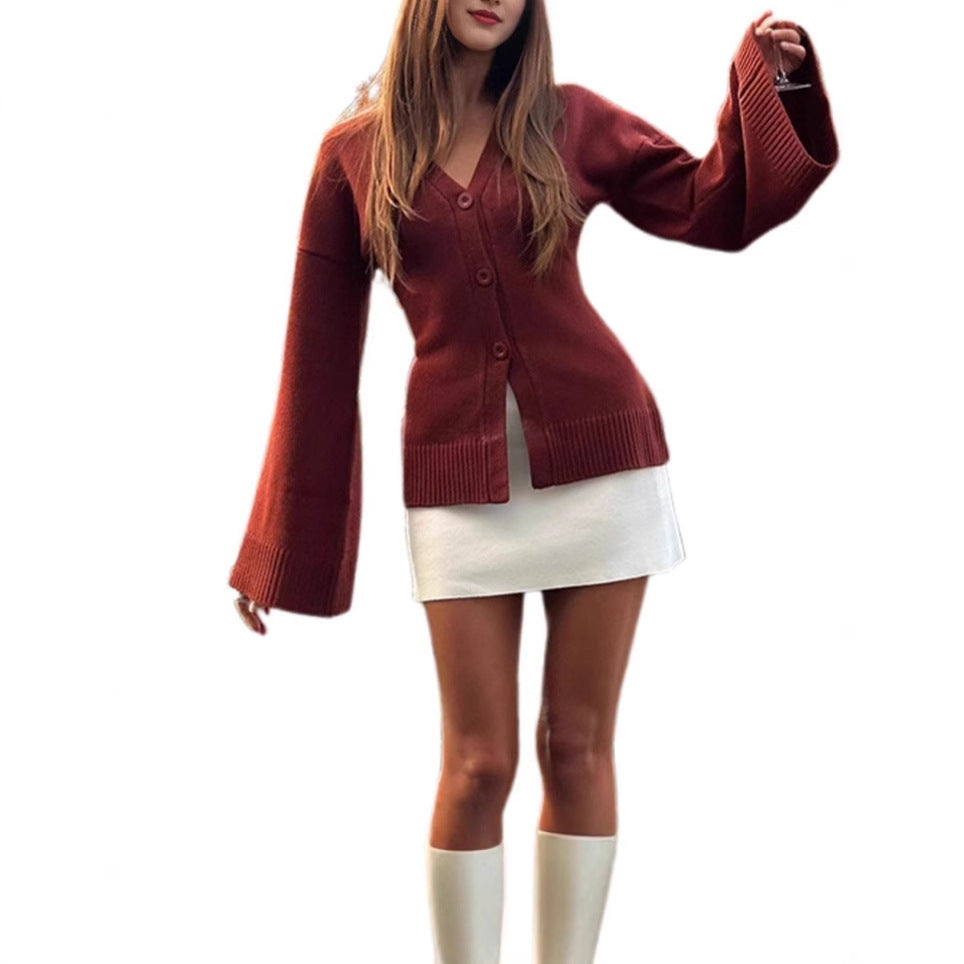 Damen Übergangsstrickjacke mit weiten Ärmeln und Knopfverschluss EB