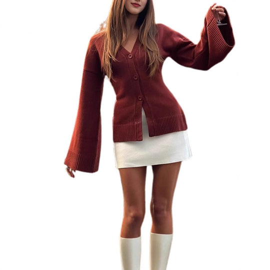 Damen Übergangsstrickjacke mit weiten Ärmeln und Knopfverschluss EB