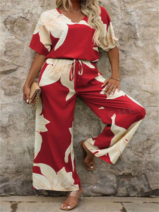 Damen luftiger Hosenanzug mit floralem Print und elastischem Bund EB