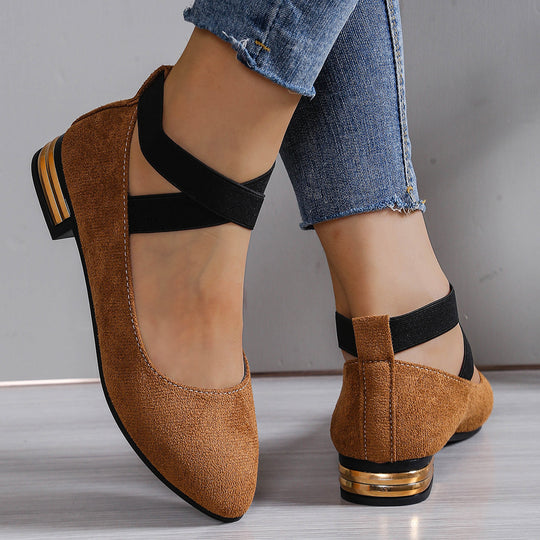 Damen Elegante Ballerinas mit modischem elastischen Riemen und goldfarbenem Detail EB