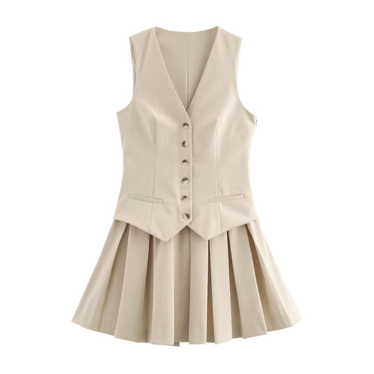 Damen Plissee-Kleid mit tailliertem Oberteil und Knopfleiste EB