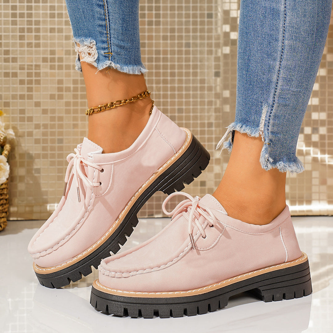 Damen elegante Derby-Schnürer aus Lederimitat mit Mokassinnaht und grober Profilsohle EB