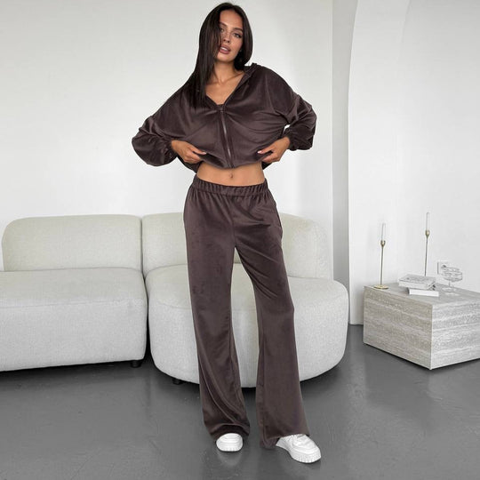 Damen Dreiteiliges Velours-Loungewear-Set mit Cropped-Top, Zip-Hoodie und weitem Palazzo-Hosenbein EB