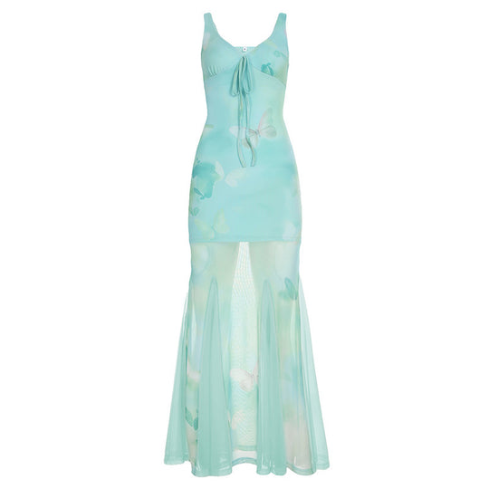 Damen Maxikleid mit transparenten Schichten und floralem Muster EB