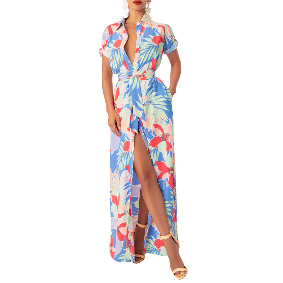 Damen Maxikleid mit floralem Muster und schickem Hemdkragen EB