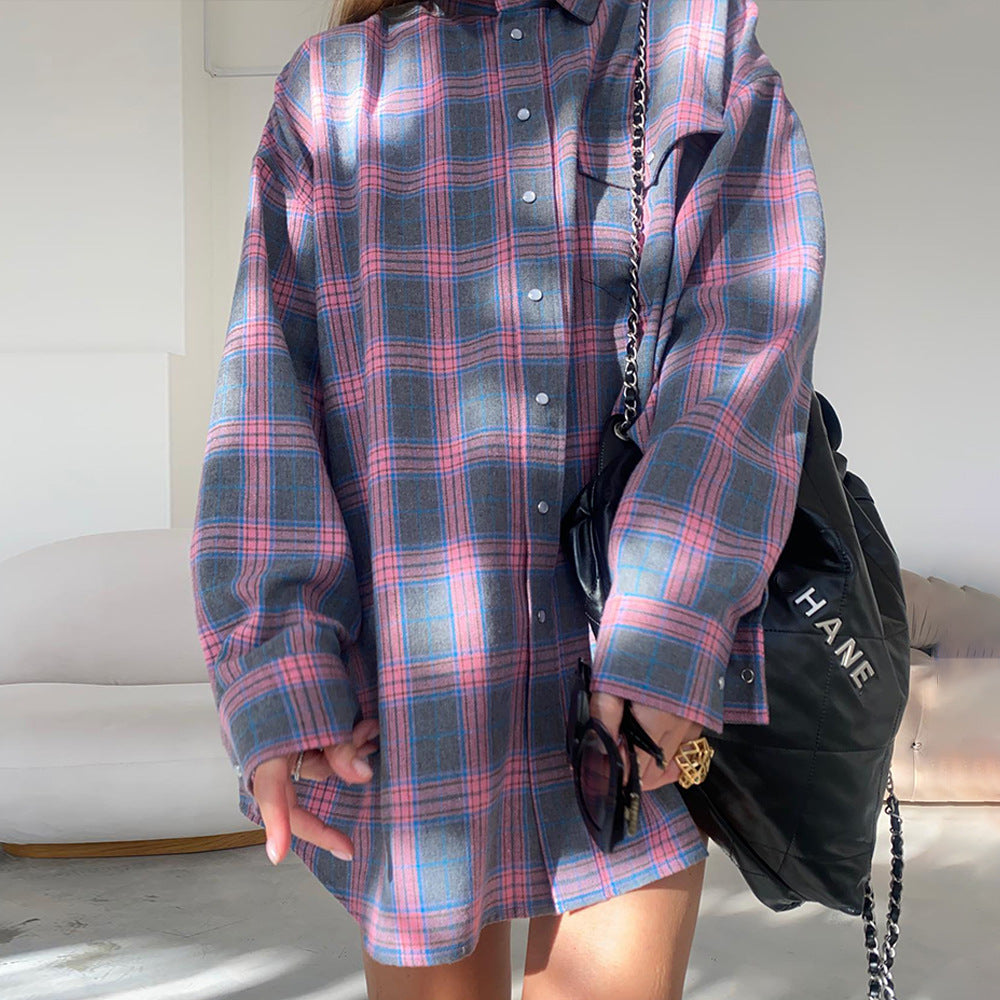 Damen karierte Hemdbluse im lässigen Oversize-Stil EB