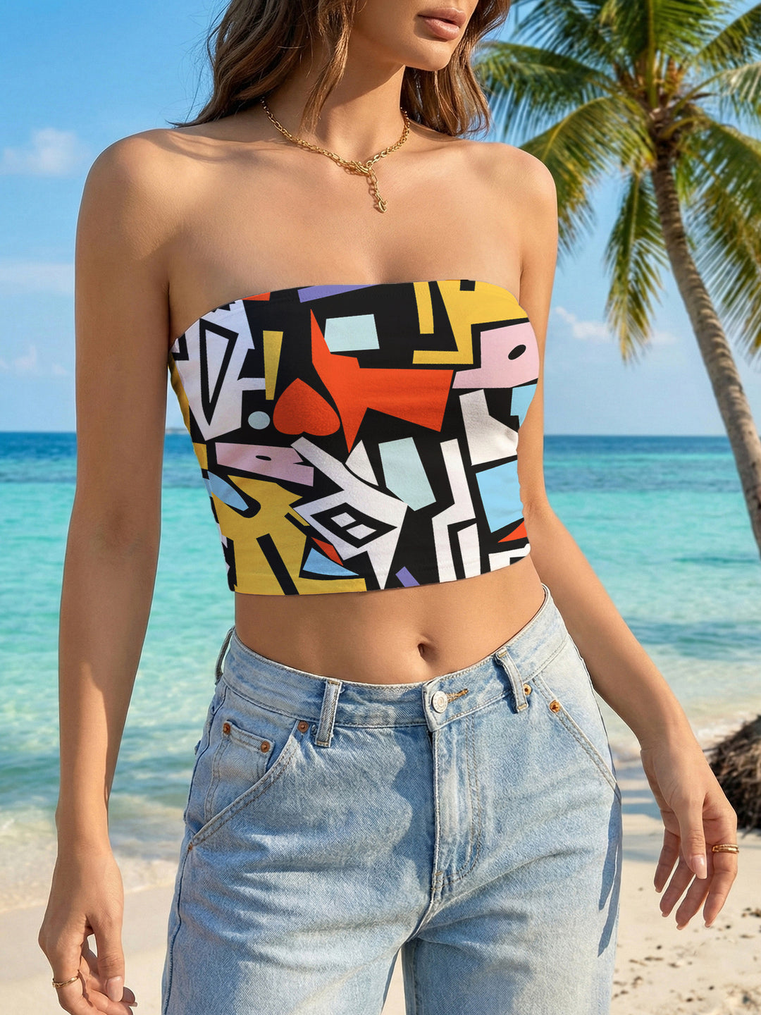 Damen Bandeau-Top mit kreativem Marmor-Design EB