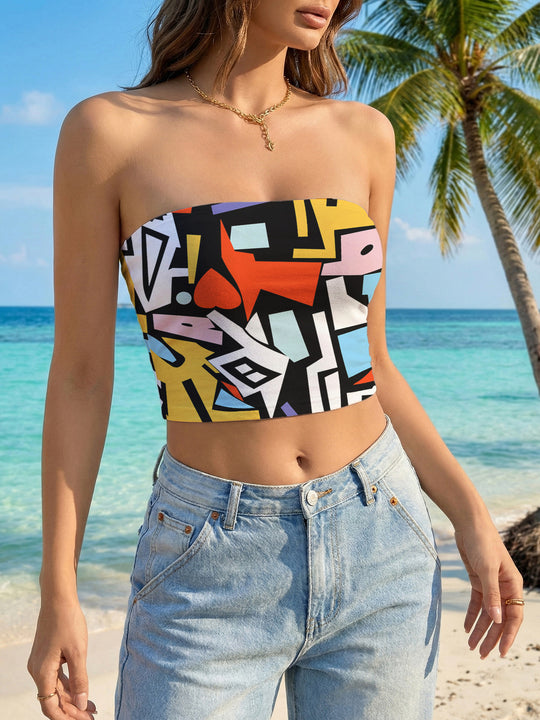 Damen Bandeau-Top mit kreativem Marmor-Design EB