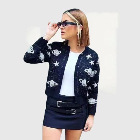 Damen modische Strickjacke mit auffälligem Sternen- und Planetenmotiv EB