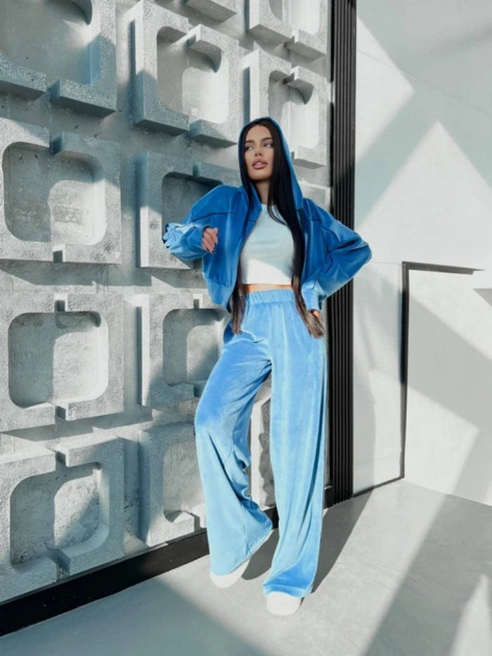 Damen Crop-Zip-Samtjacke und weite High-Waist Palazzo-Sweathose Set EB
