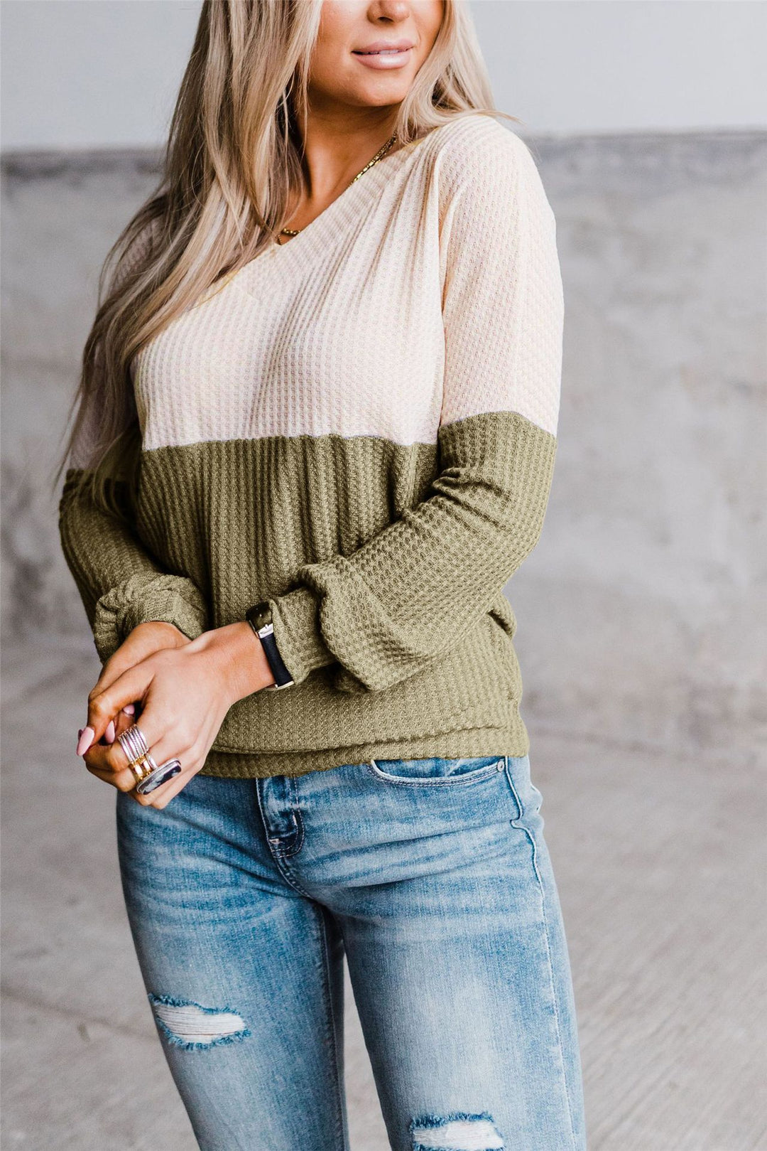 Damen lässiges V-Ausschnitt Sweatshirt mit strukturiertem Waffelstrick EB
