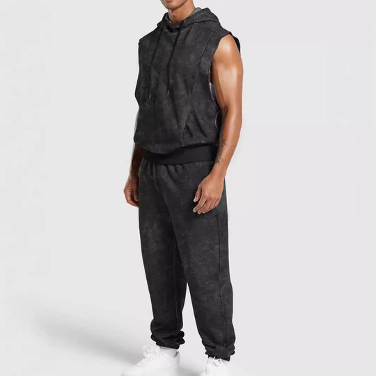 Herren nan ärmelloses Kapuzensweat-Set in Veloursoptik mit elastischer Jogginghose und gerippten Abschlüssen EB