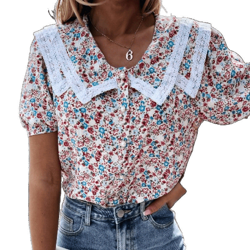 Damen Vintage-inspirierte Blumenbluse mit Spitzenkragen EB