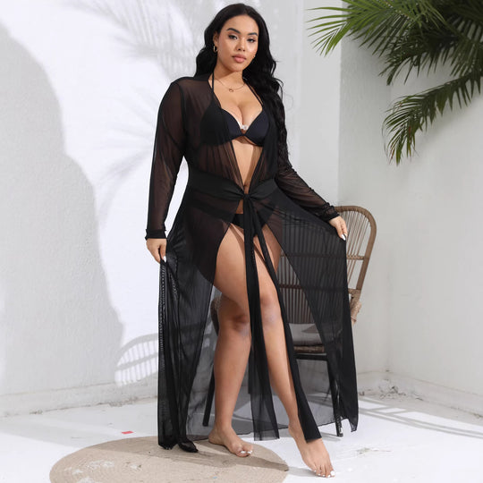 Damen transparenter Strandüberwurf mit verspieltem Taillengürtel EB