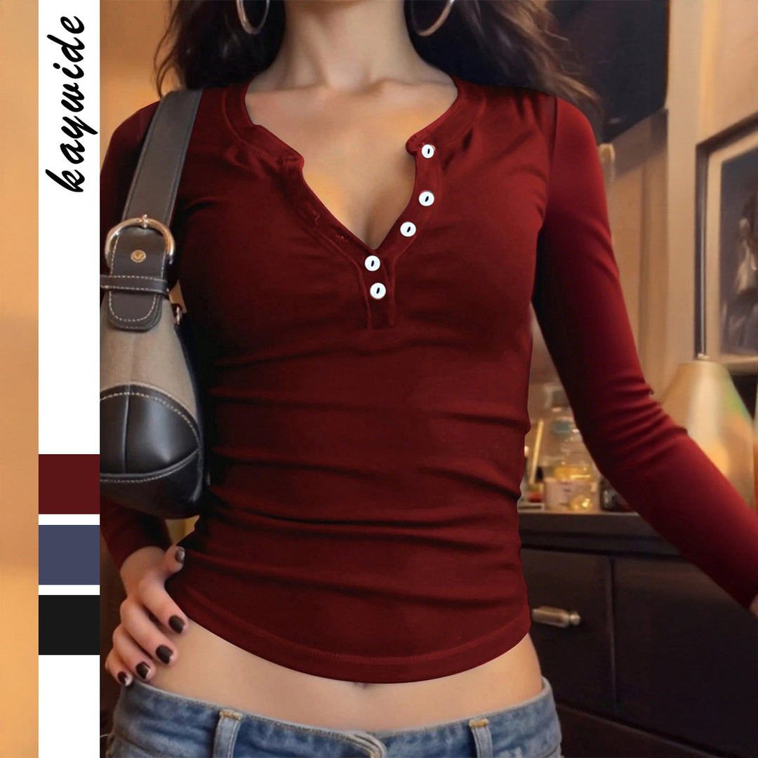 Damen nan tailliertes Henley-Longsleeve mit V-Knopfleiste, figurformendem Stretchjersey und schmaler Silhouette EB