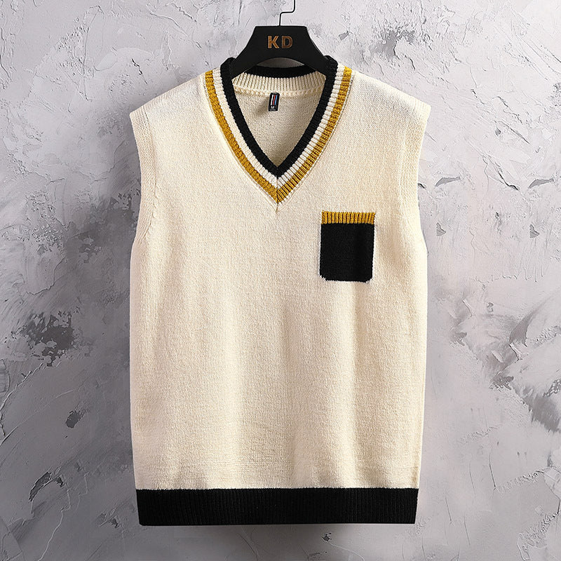 Herren ärmellose Strickjacke mit V-Ausschnitt und Farbblockdesign EB