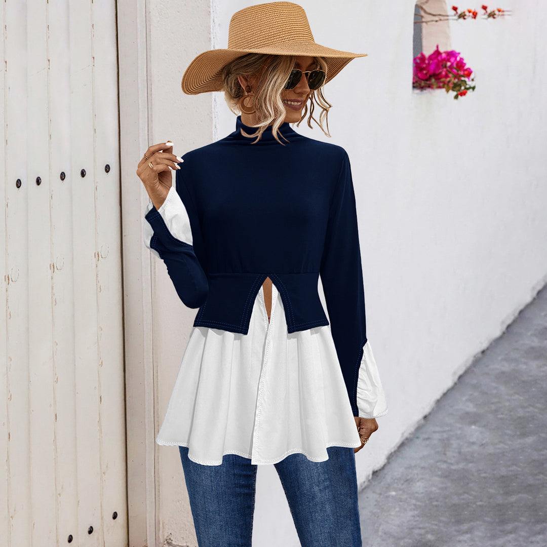 Damen Modisches Hemdblusenshirt mit hohem Kragen und asymmetrischem Schnitt EB