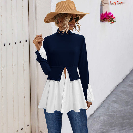 Damen Modisches Hemdblusenshirt mit hohem Kragen und asymmetrischem Schnitt EB