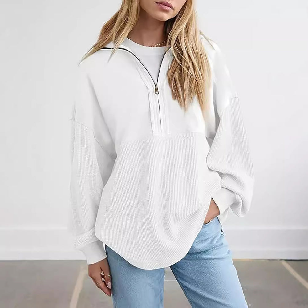 Damen lässiger Kapuzenpullover mit halblangem Reißverschluss und strukturiertem Material EB
