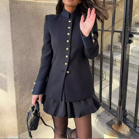 Damen elegante Steppjacke mit hochgeschlossenem Kragen und goldenen Knöpfen EB