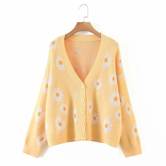 Damen Strickjacke mit Blumenmuster und V-Ausschnitt EB