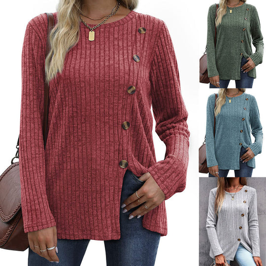 Damen Langärmliges Strickoberteil mit strukturierten Rippen und Knopfdetails EB