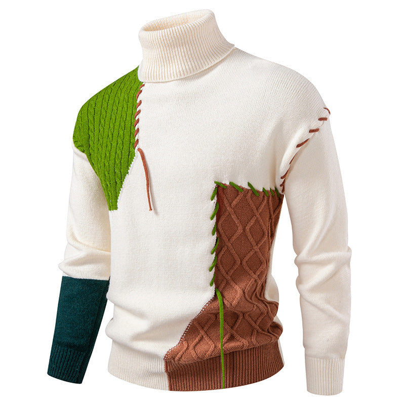 Herren Rollkragenpullover mit geometrischem Zopfmuster und kontrastierenden Akzenten EB
