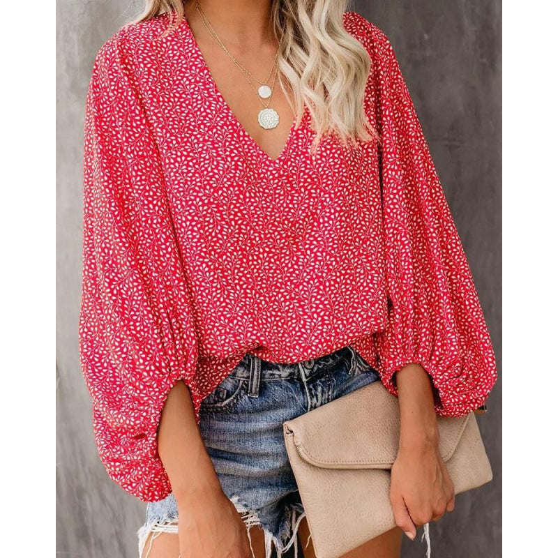 Damen Bluse mit weitem Puffärmel und eleganter V-Ausschnitt EB