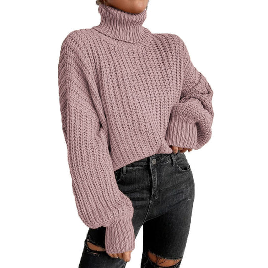 Damen Grob gestrickter Pullover mit hohem Kragen und weit ausgestellten Ärmeln EB
