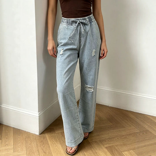Damen nan weite Denimhose mit elastischem Kordelbund, Used-Effekten und lockerer Passform EB