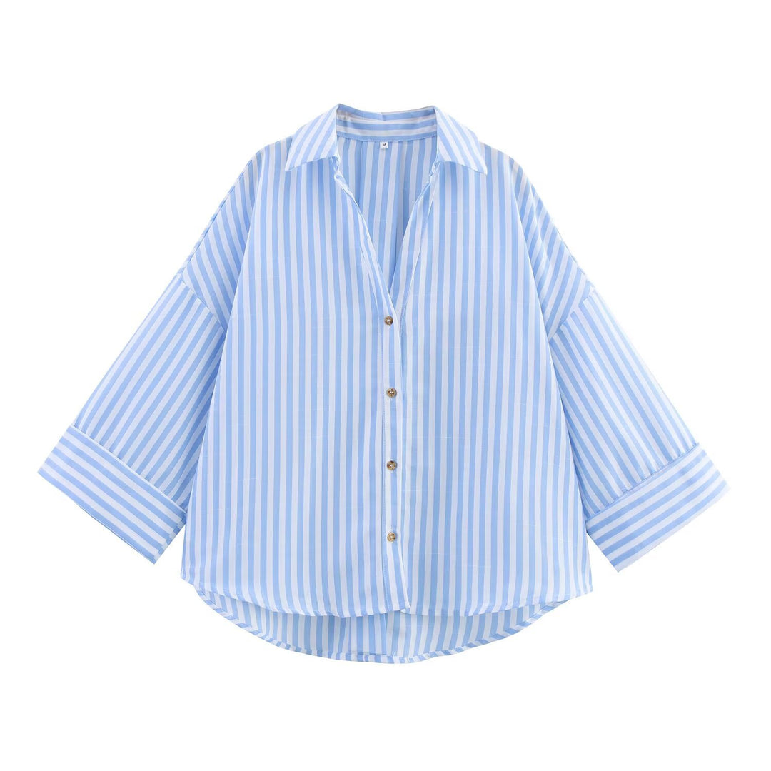 Damen nan oversized Streifen-Hemdbluse mit überschnittener Schulter, 3/4-Ärmel und verlängertem Rückensaum EB