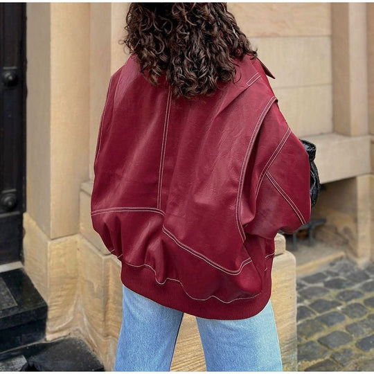 Damen modische Kunstlederjacke mit auffälligem Kragen EB
