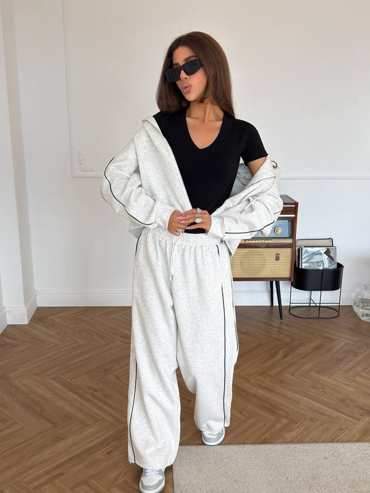 Damen Lässiges zweiteiliges Lounge-Set mit oversized Zipjacke und weitem Kordelzug-Hosenbund EB