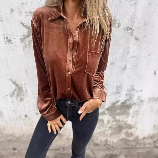Damen Elegante Samtbluse mit klassischem Hemdkragen und langen Ärmeln EB
