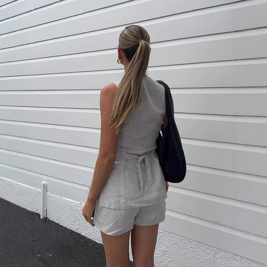 Damen Elegante Leinenbluse mit Shorts-Set EB