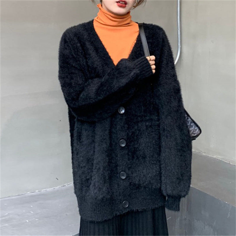Damen kuschelige Strickjacke mit großen Knöpfen und komfortablem Schnitt EB