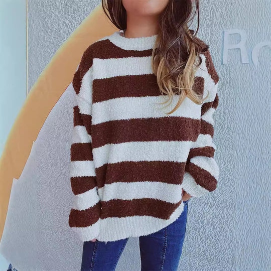 Damen gemütlicher Streifenpullover aus weichem Material mit weitem Schnitt EB
