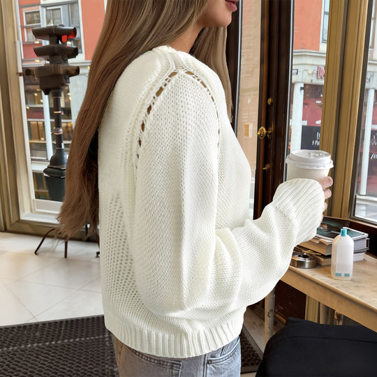 Damen nan gestrickter Feinstrick-Pullover mit Rundhalsausschnitt, leichter Oversize-Passform und gerippten Bündchen EB