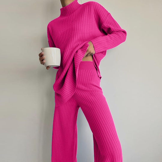Damen Strick-Loungewear-Set mit hohem Kragen und weitem Bein EB
