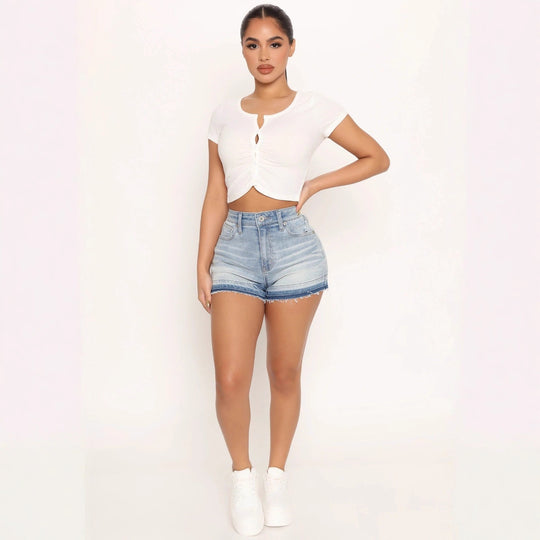 Damen Denim-Shorts mit fransigem Saum und hohem Bund EB