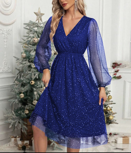Damen Glamouröses Midikleid mit transparenten Puffärmeln und schimmerndem Paillettenmuster EB