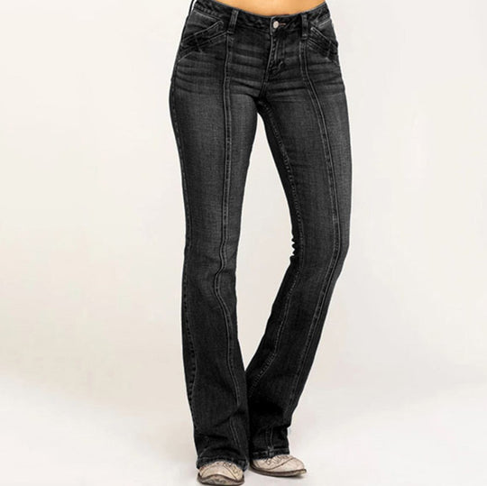 Damen nan weite Schlagjeans mit hochgeschnittener Taille, figurbetontem Hüftschnitt und elastischem Denim EB